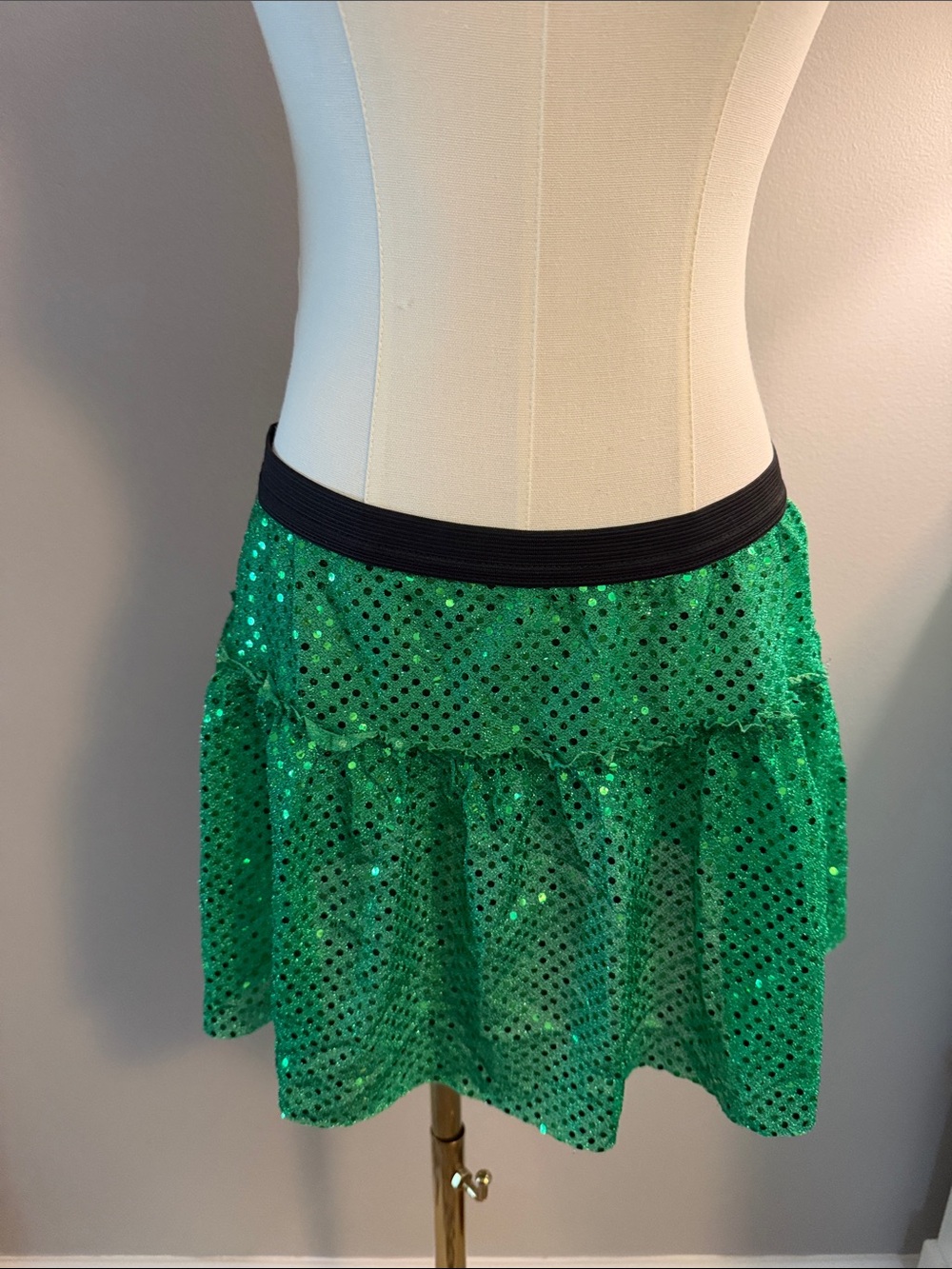 Green Sequin Tiered Mini Skirt with Black Waistband
